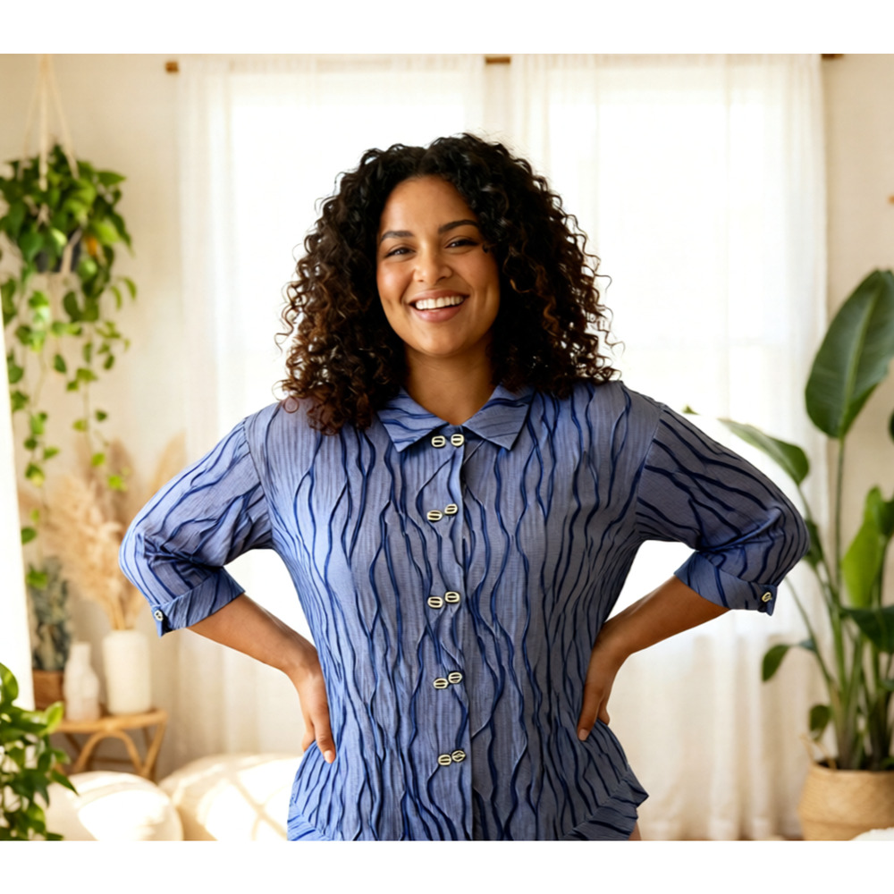 Niche Splash Canyon Blouse Blue Gray crinkled texture, a button placket L